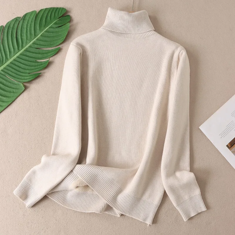 

2026 Fleece Thicken Warm Knitted Sweater Women's Turtleneck Bottom Shirt Autumn Winter Soft Skin-friendly Slim Pullover Sweater