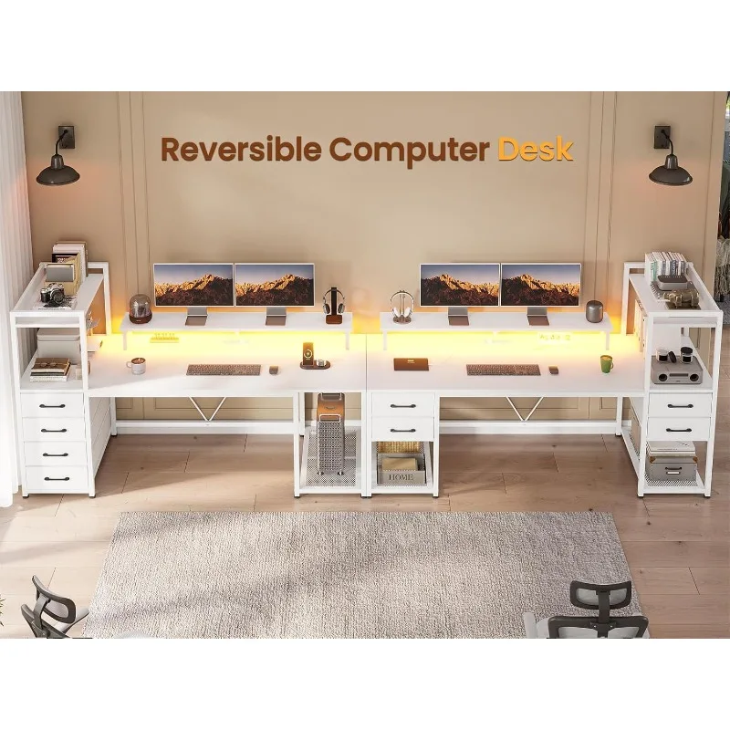 Mesa de computador SEDETA 55" com 4 gavetas e prateleiras, mesa de jogos com luzes LED e tomadas elétricas, mesa de escritório doméstico