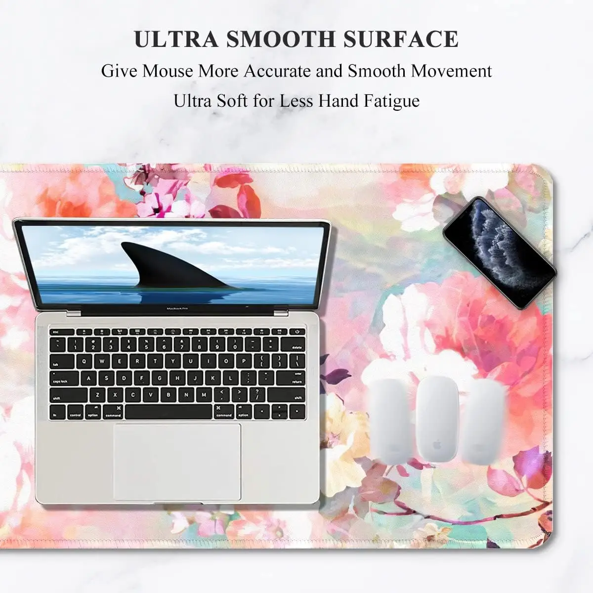 Watercolor Floral Desk Mat, Pink White Flower Large Gaming Mouse Pad for Girls Aesthetic Home Office Computer Workstation