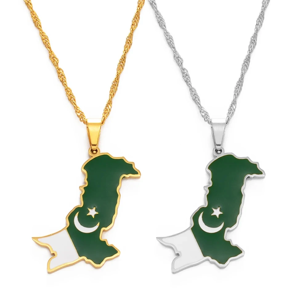 Anniyo 3.2CM Pakistan Map Flag Pendant Necklaces Stainless Steel Pakistani Ethnic Jewelry @157721