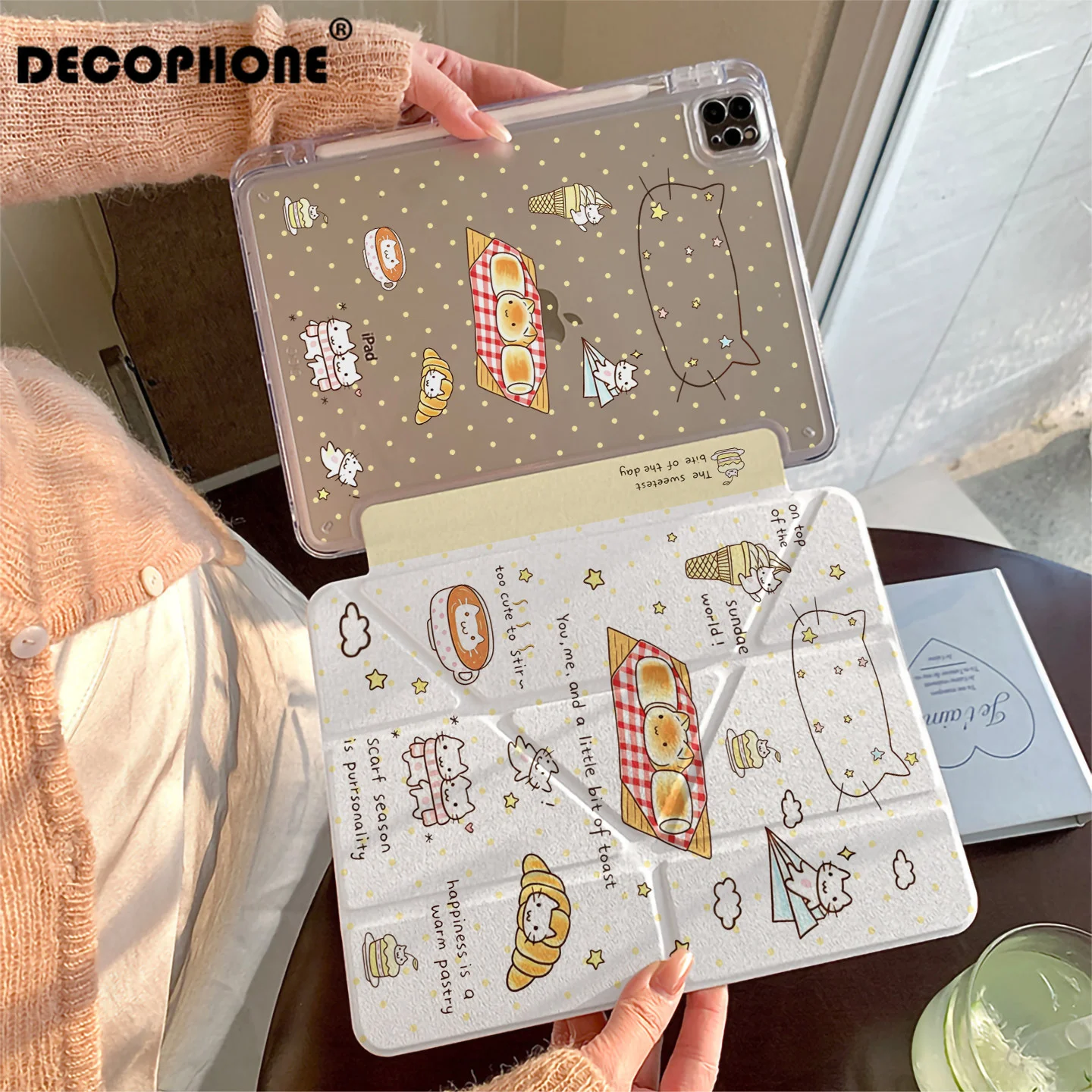Cat Bread Yellow Polka Dot Star 3+Y-fold Tablet Case For Samsung Galaxy Tab A8/A9/A11+FE LITE PLUS/Tab S6 Lite/S7/S8/S9/S10+ FE