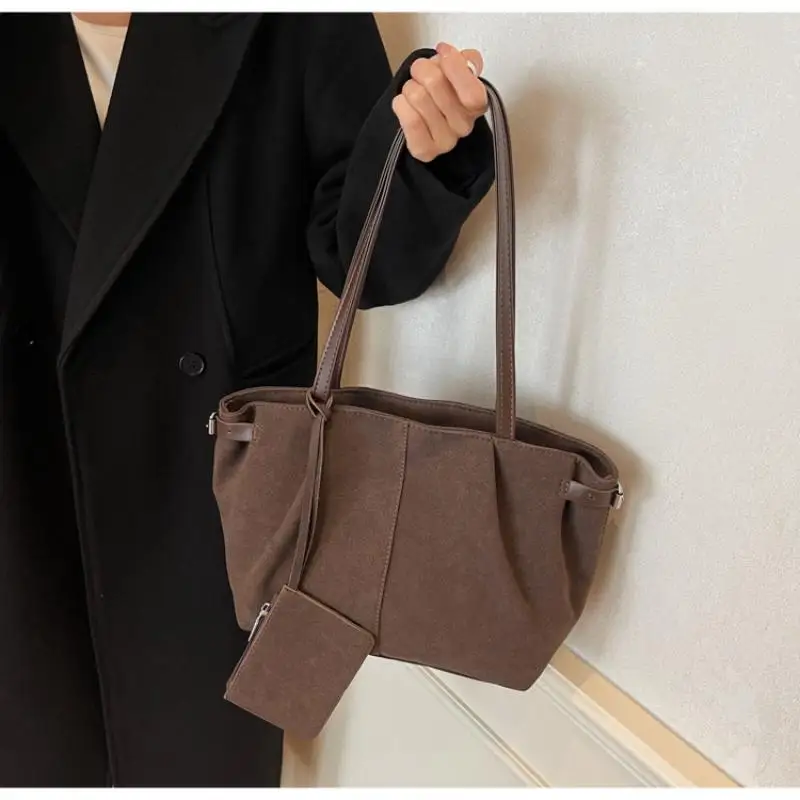 Vinatge Faux Suede Trapeze Bag Maillard Women Shoulder Bags Trend Autumn Winter Large Tote Bag Casual Big Shopper Bag with Purse