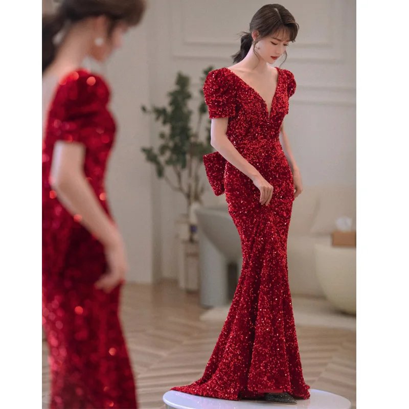 

Toast Bride 2024 Red New Style Elegant Sequined Wedding Banquet Host Fishtail Evening Dress