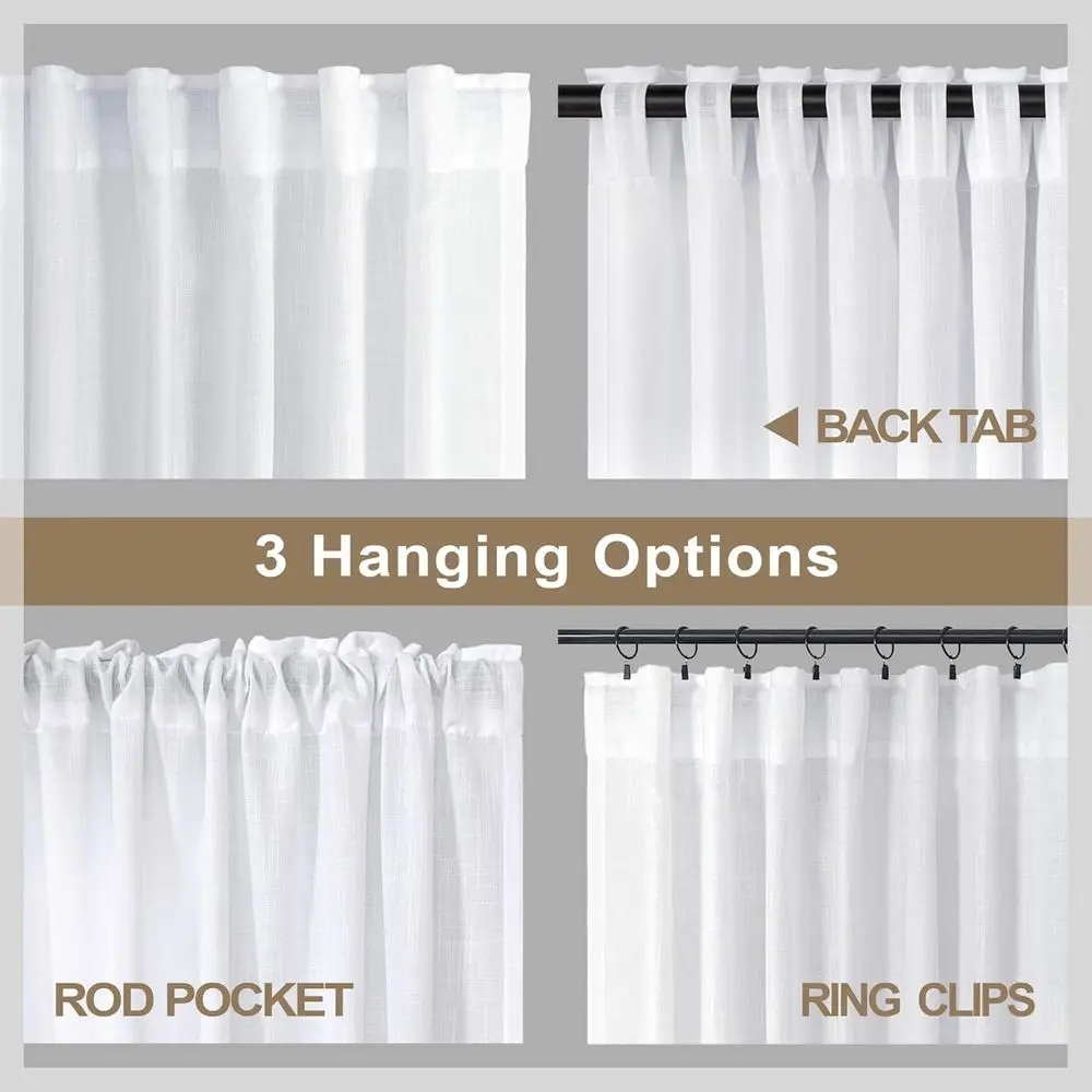 백색 린넨 52x102 인치 커튼, 백 탭 포함, 침실용 반투명, 빈티지 농가 스타일