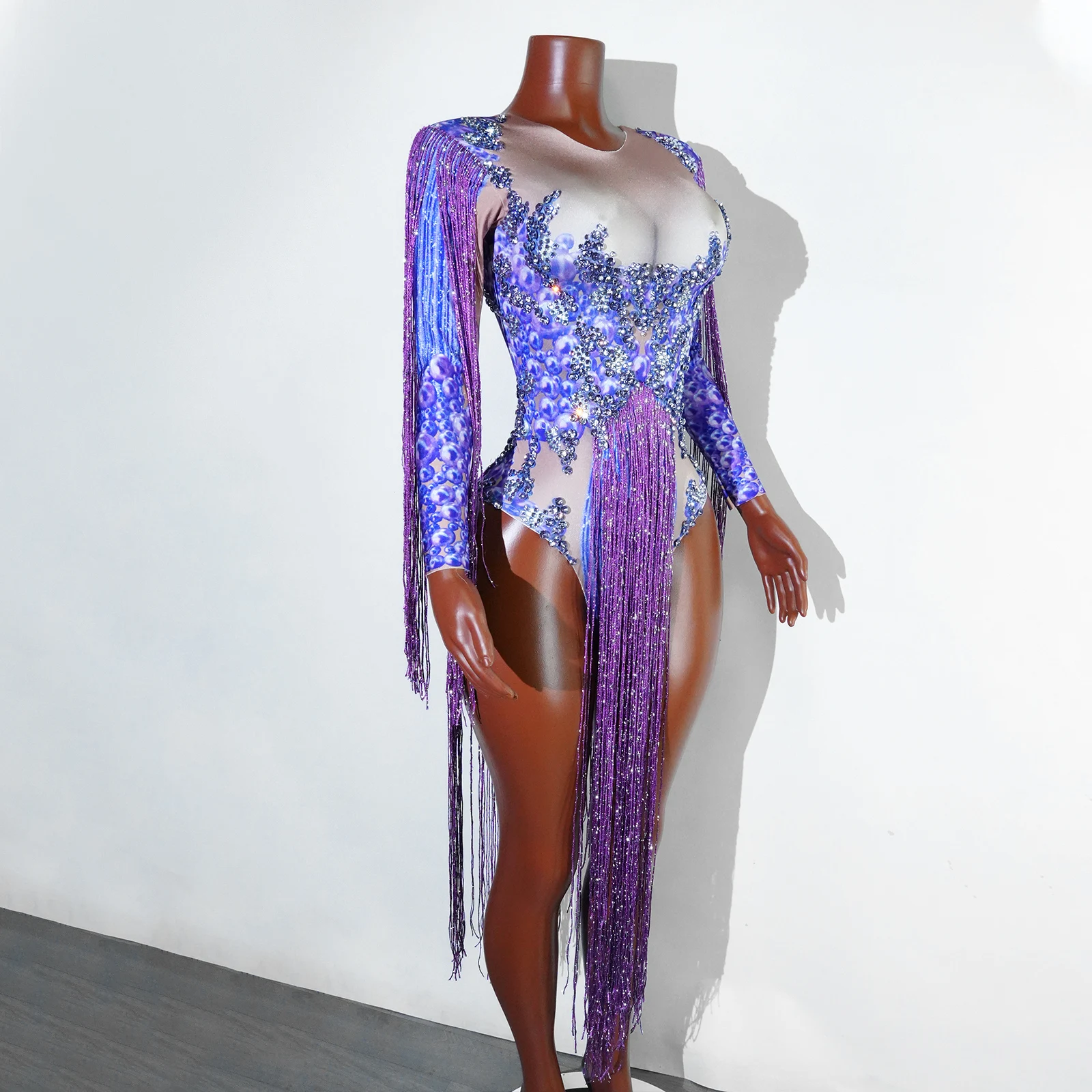 Sparkli Purple Rhinestone Fringed party night Leotard Bodysuit Birthday Party Dance Costume Singer Drag Queen Performance dress
