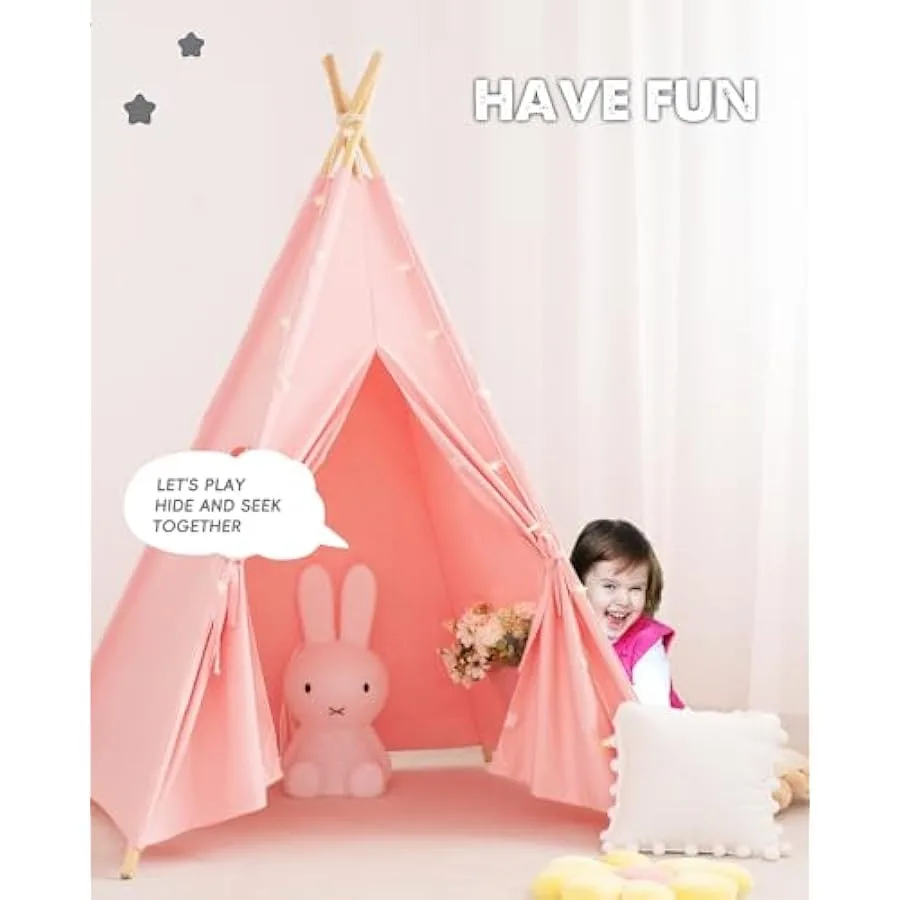 Teepee Tent with Lights and Carry Bag Natural Cotton Canvas Toddler Play Tent for Girls and Boys Washable Foldable Indoor Outdo