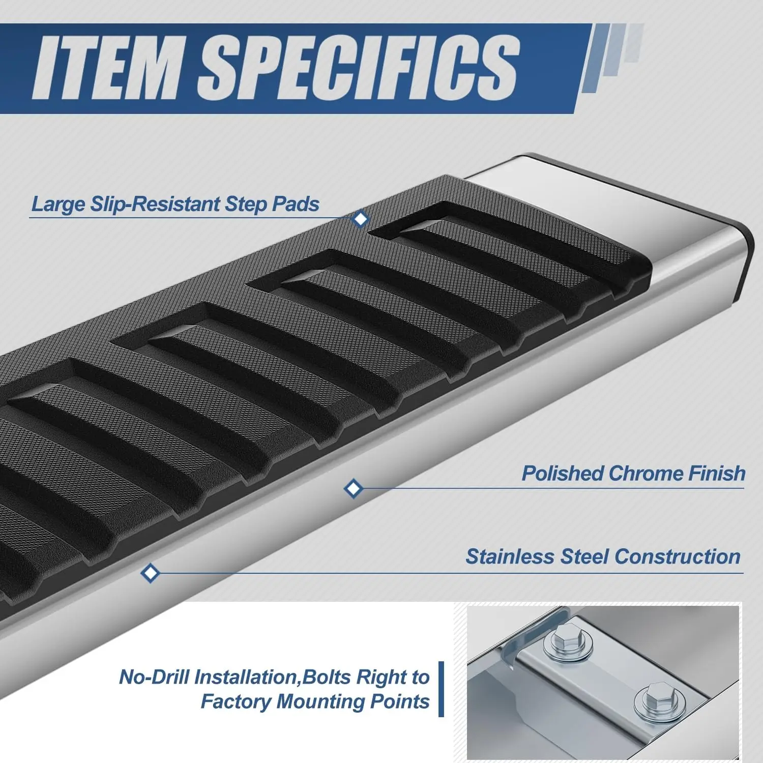 Running Boards for 2009-2024 Crew Cab Trucks, Stainless Steel, Chrome Polished, 6.75 Inches