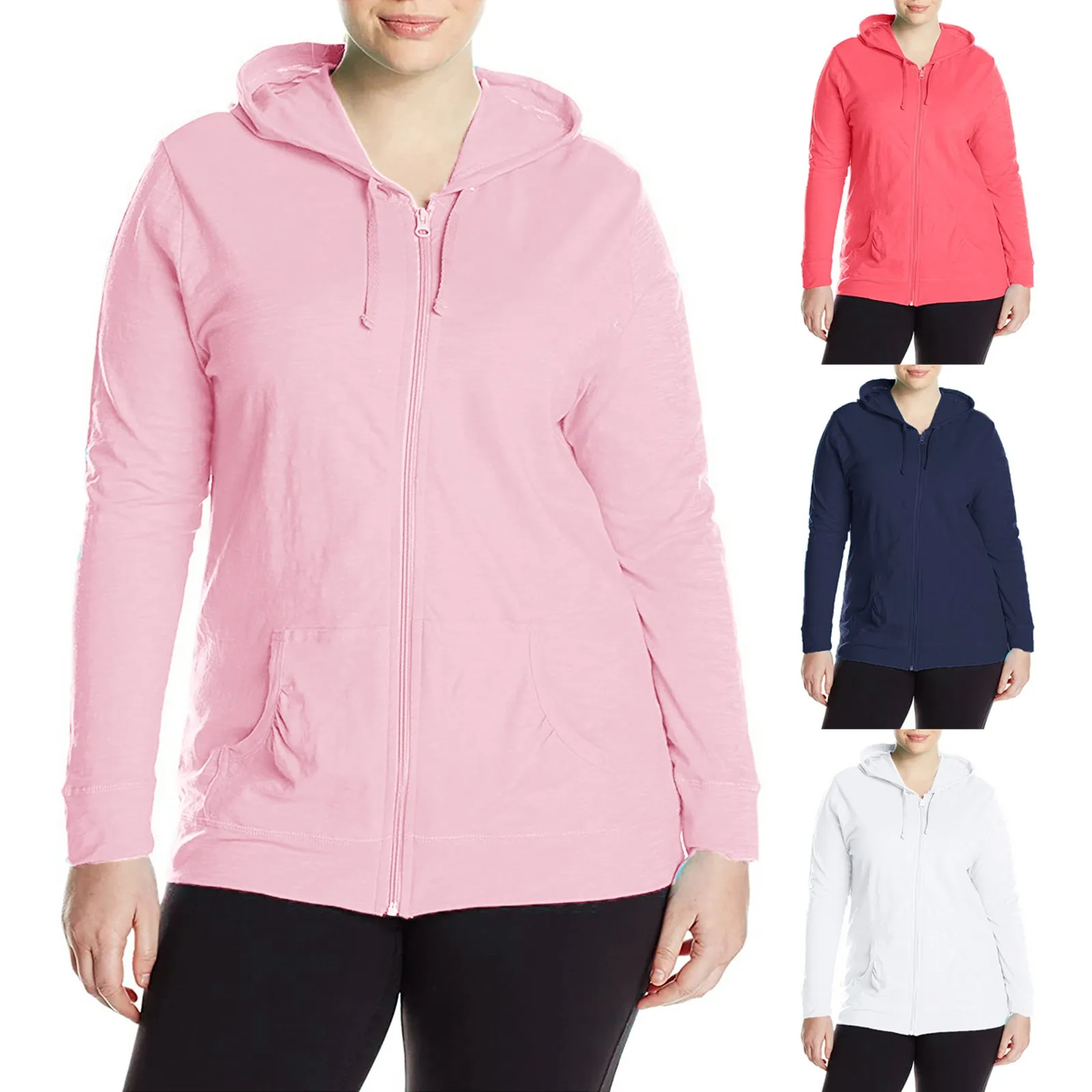 Women Plus Size Zip Up Hoodie Long Sleeve Drawstring Hooded Sweatshirt Casual Lounge Top Pullover Jersey Hoodie Solid Color T1