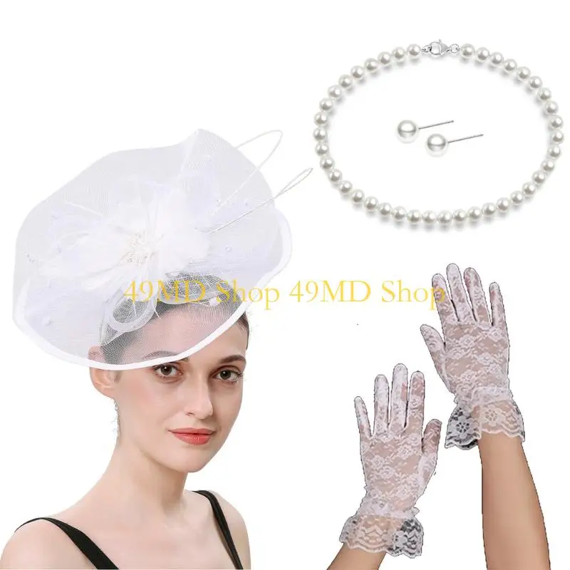49MD Elegant Flower Fascinator Derby Hat Necklace Ear Studs Gloves for Weddings Event