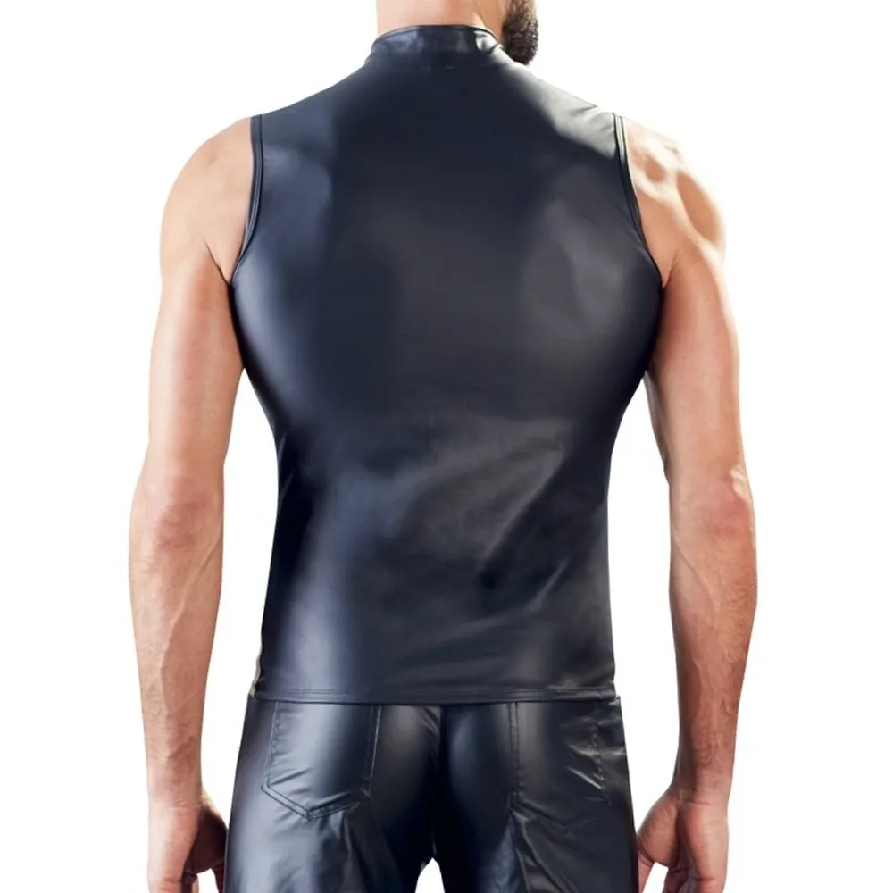 Men Sexy PU Faux Leather Sleeveless Zip T-Shirt Tops Party Club Bar Stage Performance Costume Tee T Shirts