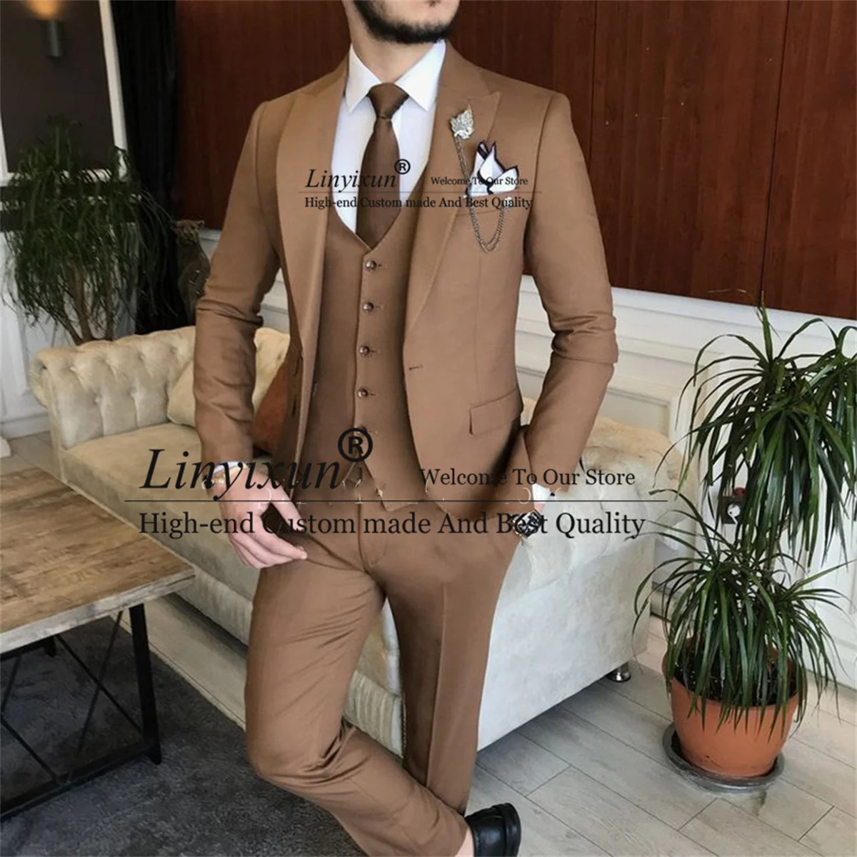 

Fashion Brwon Men Suits For Wedding Notched Lapel Groom Tuxedo Business Male Blazers 3 Pieces Sets Slim Groomsmen Costume Homme