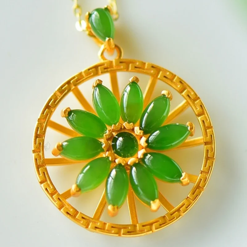 SGARIT Authentic Jadeite Hetian Jade S925 Silver Inlay 23*30mm Sunflower Pendant Rotatable Design Includes Silver Chain Necklace