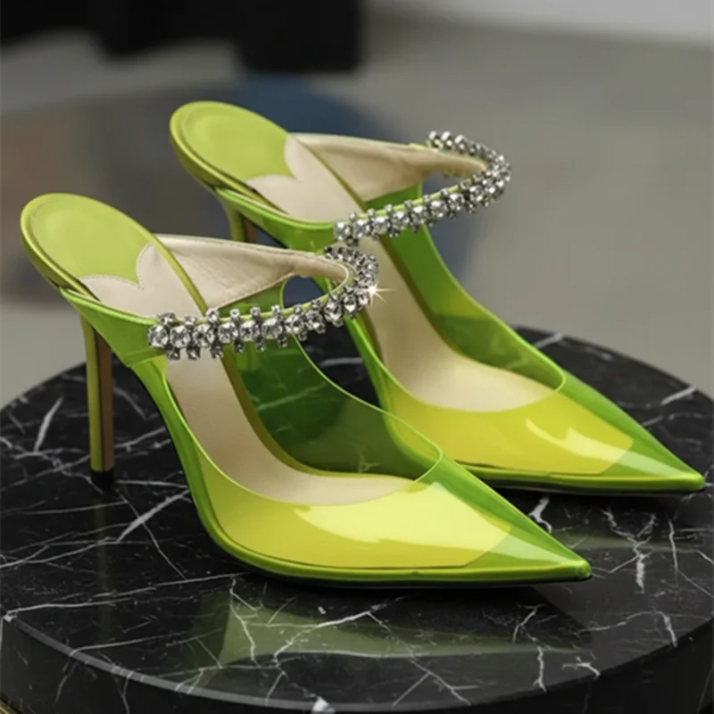 

2026 Women's Muller Shoes Spring/Summer New Pointed High Heel Banquet PVC Transparent Water Diamond Chain Shallow Mouth Sandals