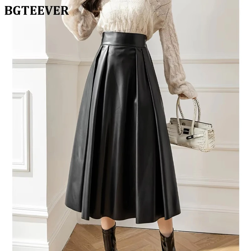 

BGTEEVER Spring Autumn Loose PU Leather A-line Skirts Women Elegant High Waist Pleated Faux Leather Skirts Female