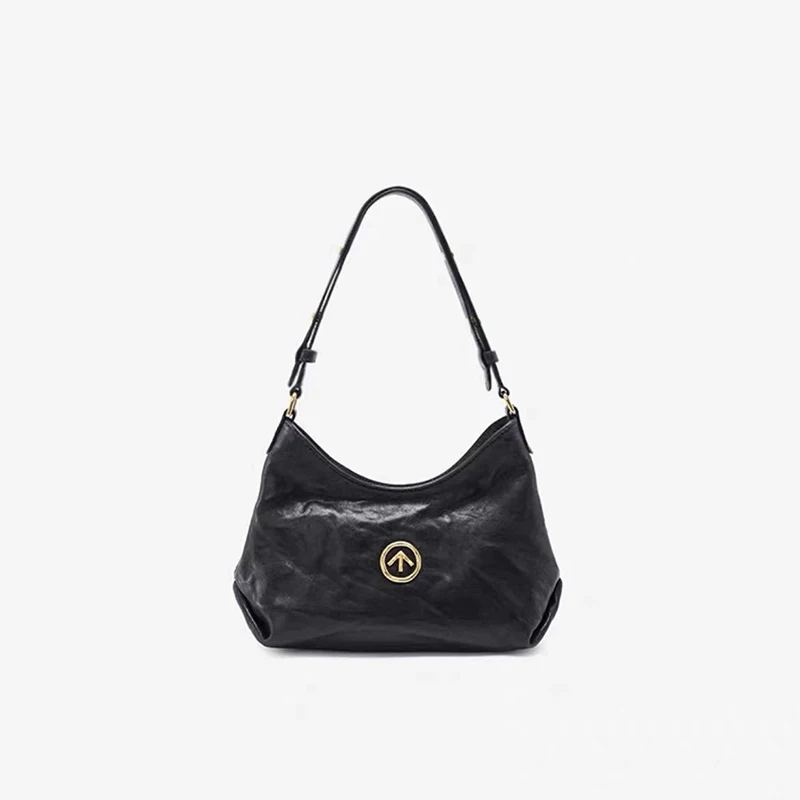 

GROTTO Fashion Outdoors Black Color Casual Ruched Crossbody Bag Women's Solid Color Vintage Metal Ornament Single-Shoulder Bag