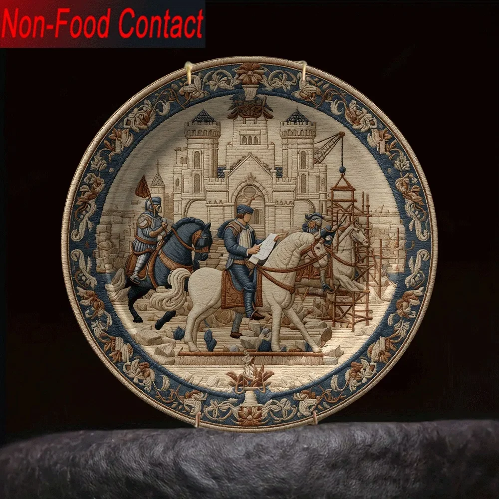 1pc Vintage Medieval Castle Knight Ceramic Decorative Plate - Non-Food Contact Tabletop Art with Intricate Medieval