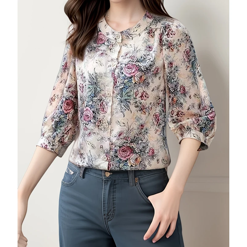 หรูหราสบายๆดอกไม้เล็กๆ O-คอเดี่ยว Breasted TopThree-quarter แขนยาวสําหรับผู้หญิงเสื้อและเสื้อแนวโน้ม