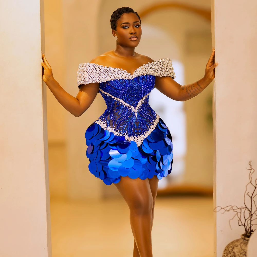 Luxury Blue Short Cocktail Dresses for Women Off Shoulder Mini Sequined Beading Africa Woman Birthday Party Dress Customized