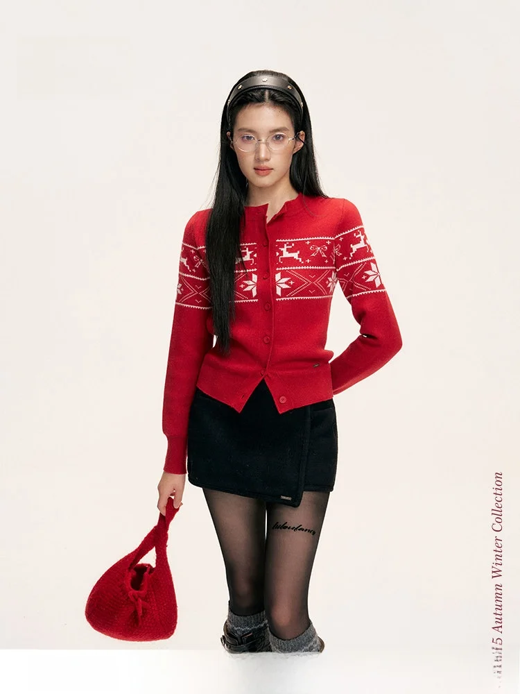 

Красный вязаный кардиган Liilou Fair Isle с круглым вырезом, облегающий, женский, модный, в университетском стиле, из полиэфирного волокна