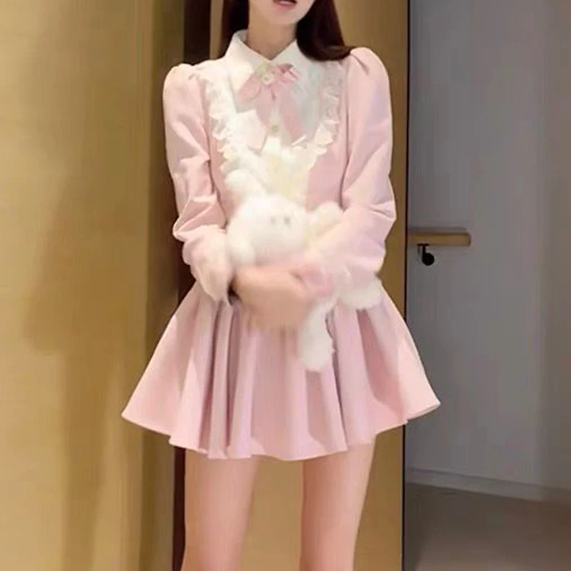 فساتين حفلات الأميرات الحلوة بفيونكة دانتيل عتيقة للسيدات Harajuku Y2K لوليتا Kawaii فستان قصير بأكمام طويلة فساتين مثيرة #2