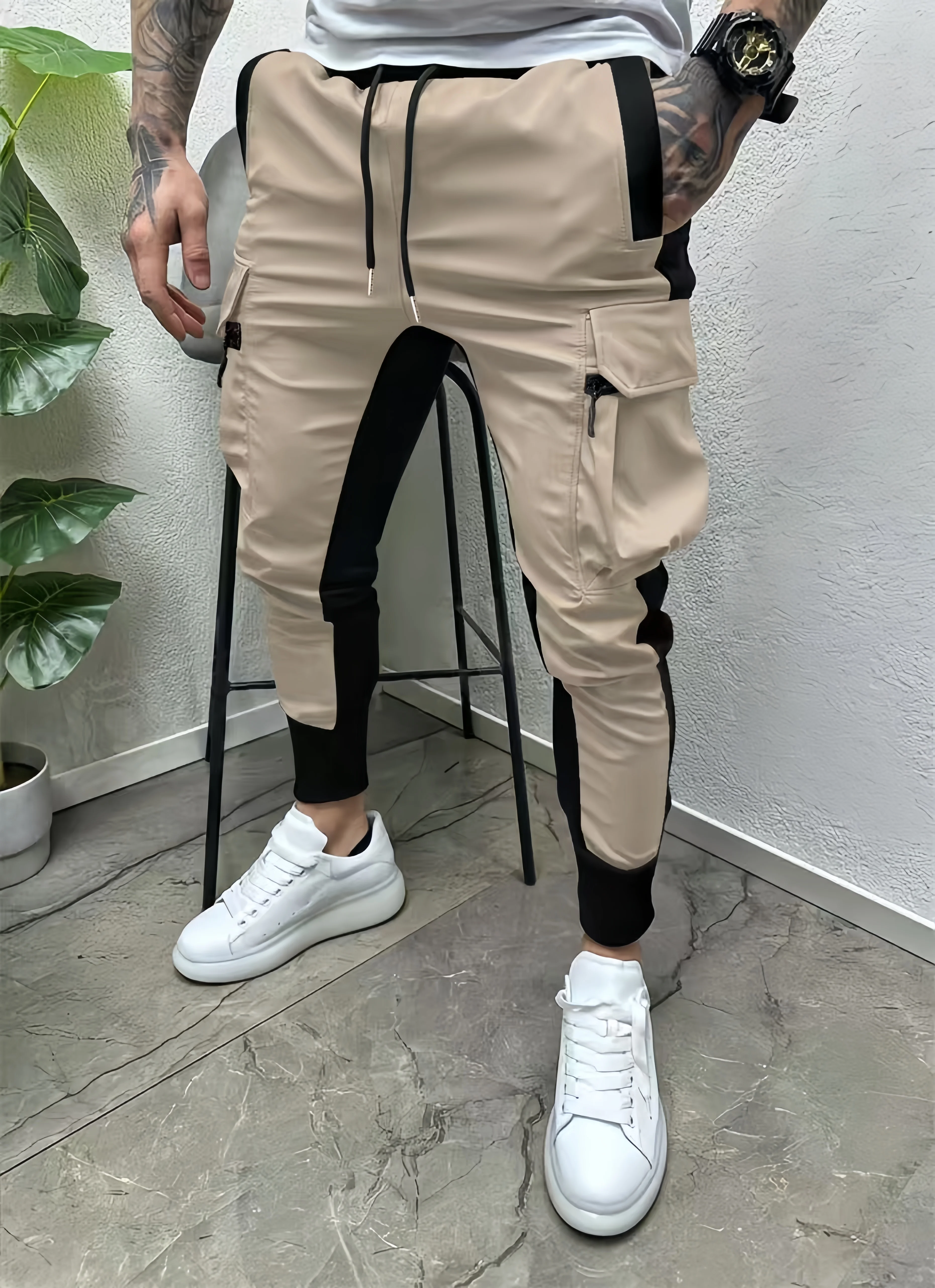 Men's color-matching zippered large pocket casual pants
