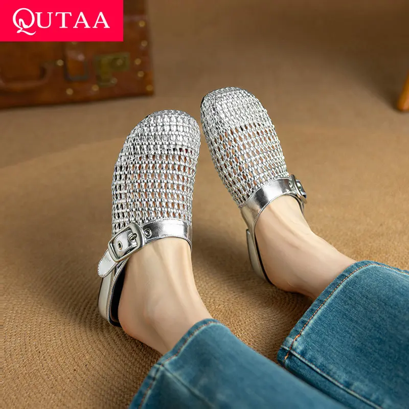 

QUTAA 2025 модные женские туфли-лодочки, пикантные туфли на каблуке с открытой пяткой, кожаные вечерние повседневные летние туфли с круглым носком, платье 34-40