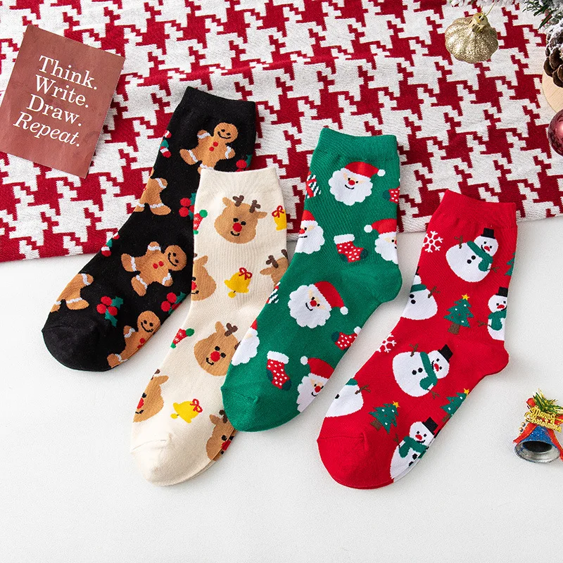 1/4pcs Men Women Christmas Printed Socks Cartoon Snowman Gingerbread Man Reindeer Santa Claus Suitable All Seasons Casual Socks