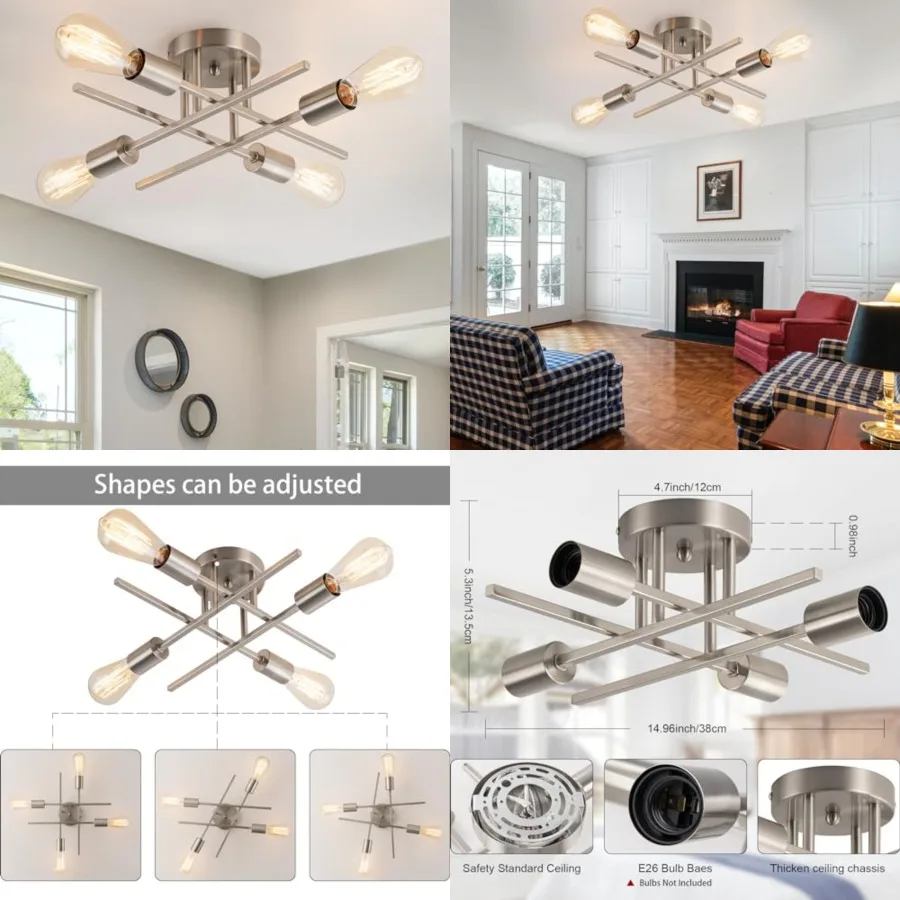 Modern Sputnik Chandeliers, Mid Century Semi Flush Mount Ceiling Light Fixtures with E26 Base, Industrial Vintage Kitchen Farmh