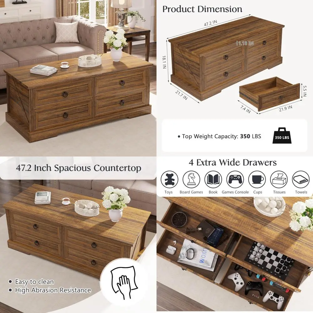 Coffee Table with Storage, 47.2 in Rustic Wooden Center Table with 4 Drawers for Living Room, Easy Assembly Rectangle Home Offic