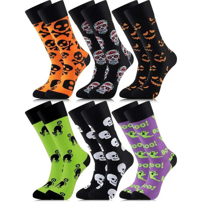 6 pairs of men's and women's Halloween socks suitable for costume parties, scary and cute mid tube socks