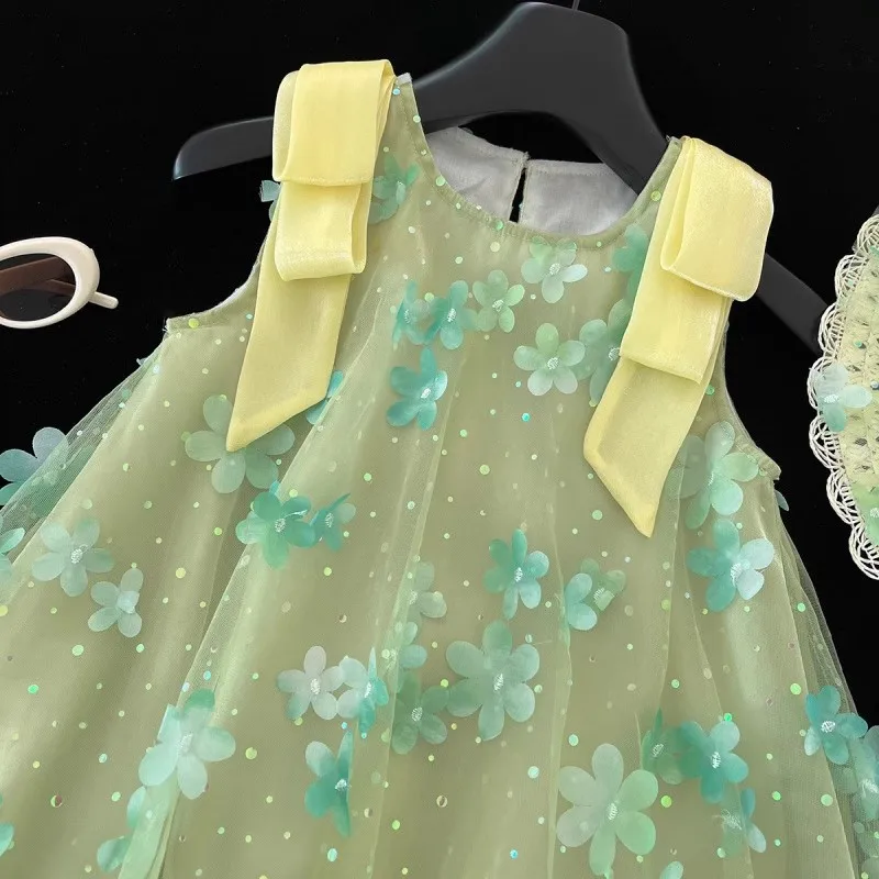 2025 الصيف الفتيات جديد فستان جنية صغيرة غزل عائم ثلاثي الأبعاد زهرة لطيف الشاش تنورة بلا أكمام تنورة الأميرة