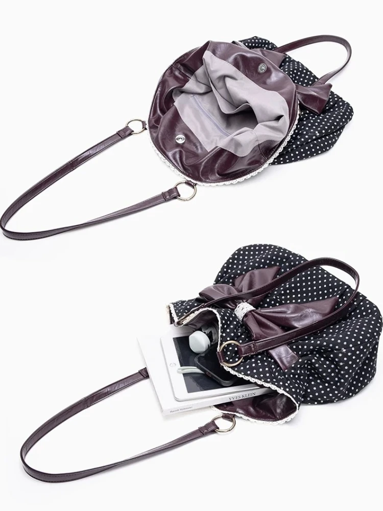 Retro Vintage Polka Dot Bow Thin Color Tote Bag Japanese Retro Literary And Simple Bag