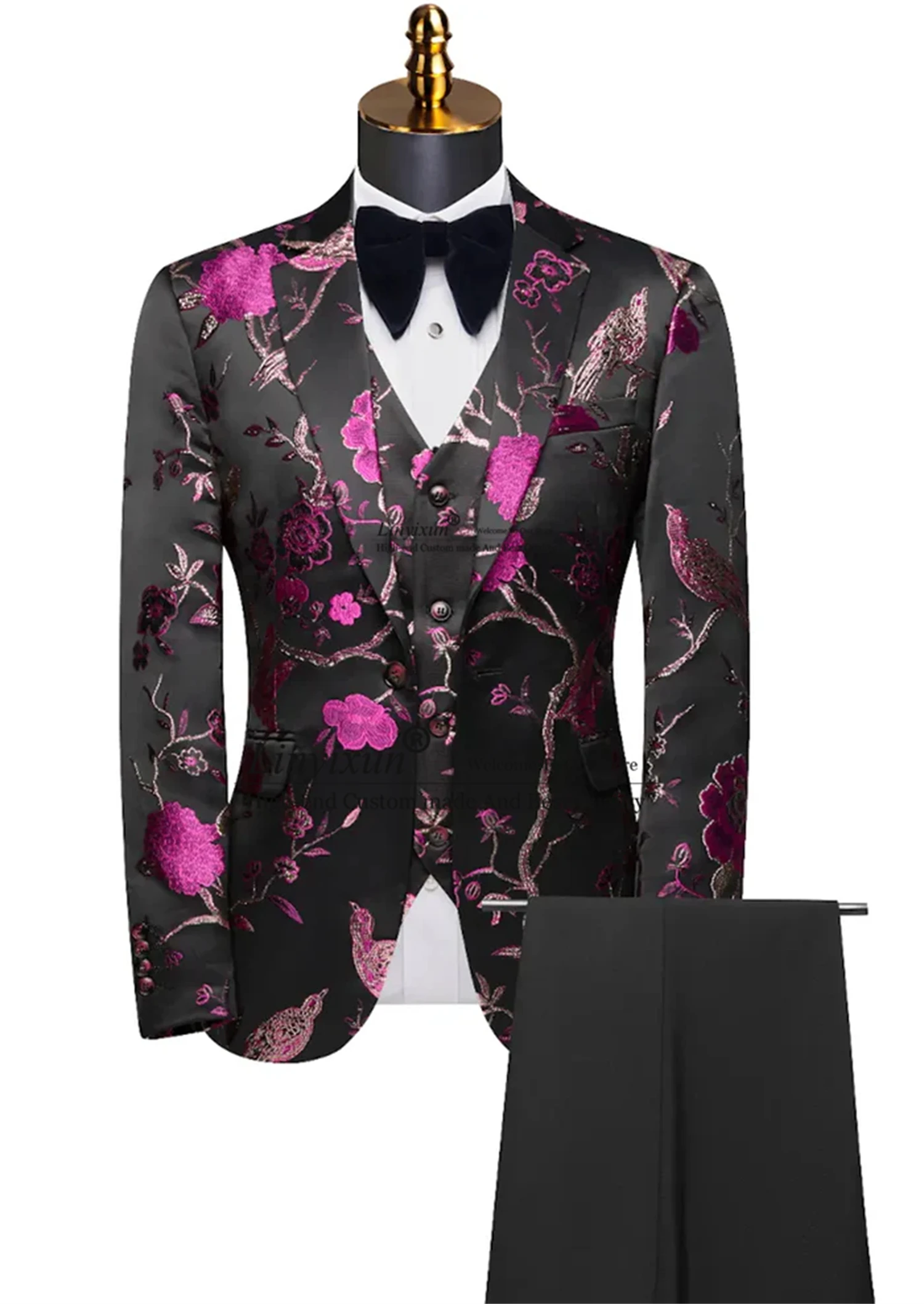 Men's 3-Piece Forest Green Tuxedo Embroided Flower Fashion Print Jacquard Wedding Tuxedos Notched Lapel Groom Tuxedo Outfit Set