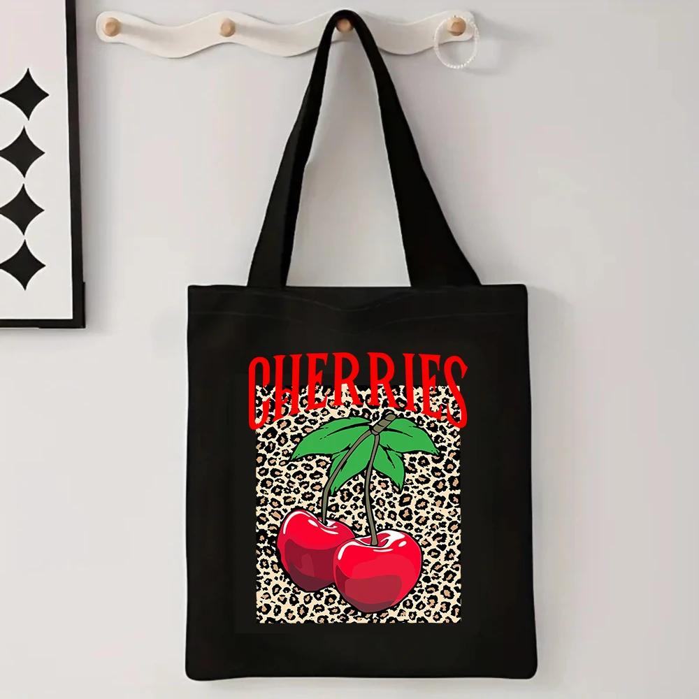 Leopard Print Cherries Canvas Tote Bag Reusable Grocery Shoulder Bag
