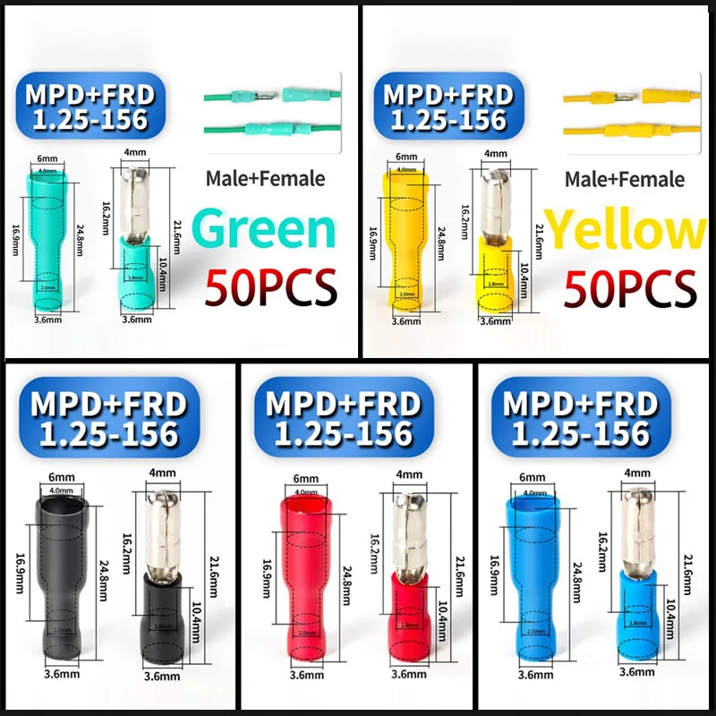 100PCS/50Pairs Insulated Female & Male Crimp Wire Terminals Brass MPD/FRD1.25 MPD/FRD2 MPD/FRD5 Quick Splice Wire