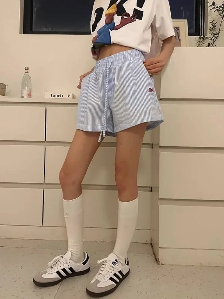 Pantalones cortos a rayas Y2k para mujer, prendas de vestir Harajuku, pantalones cortos azules con cintura elástica, moda coreana de los años 2000, pantalones Retro informales Vintage Y2k