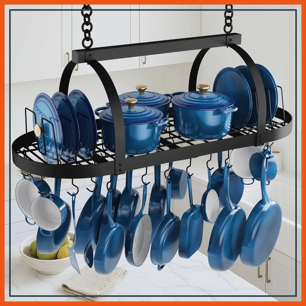 

48 Inch Large Ceiling Pot Rack with Lid Organizer, Heavy Duty Hanging Rack for Kitchen Island, 20 Hooks, Matte Black
