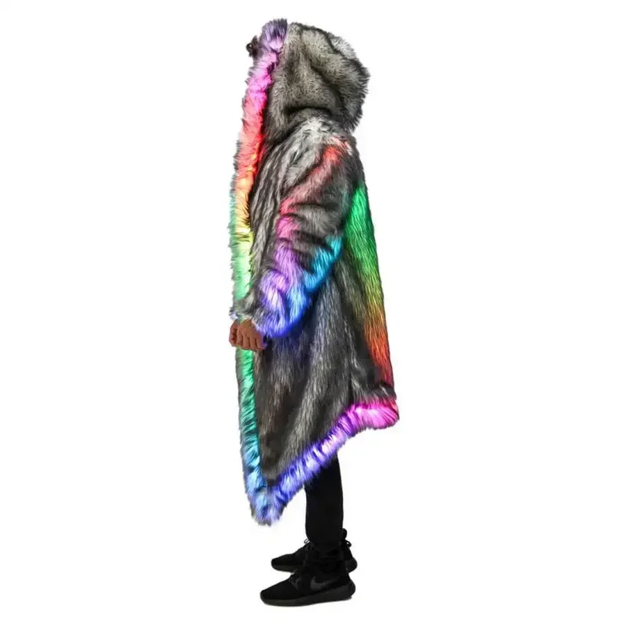 New LED Faux Fur Coat for Men Hooded Comfortable Thickened Winter Coat Multi-Scene Personalized LED Stage Dance Party Costum