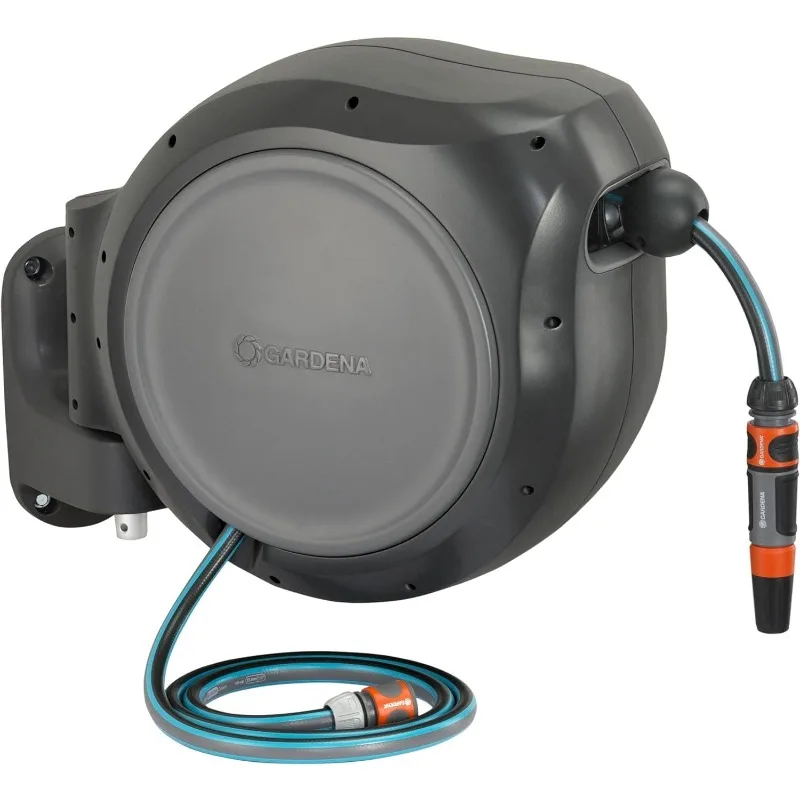 08055 100' ft. Wall Mounted Retractable Reel with Hose Guide, automatic retraction and lock at any length for easy watering