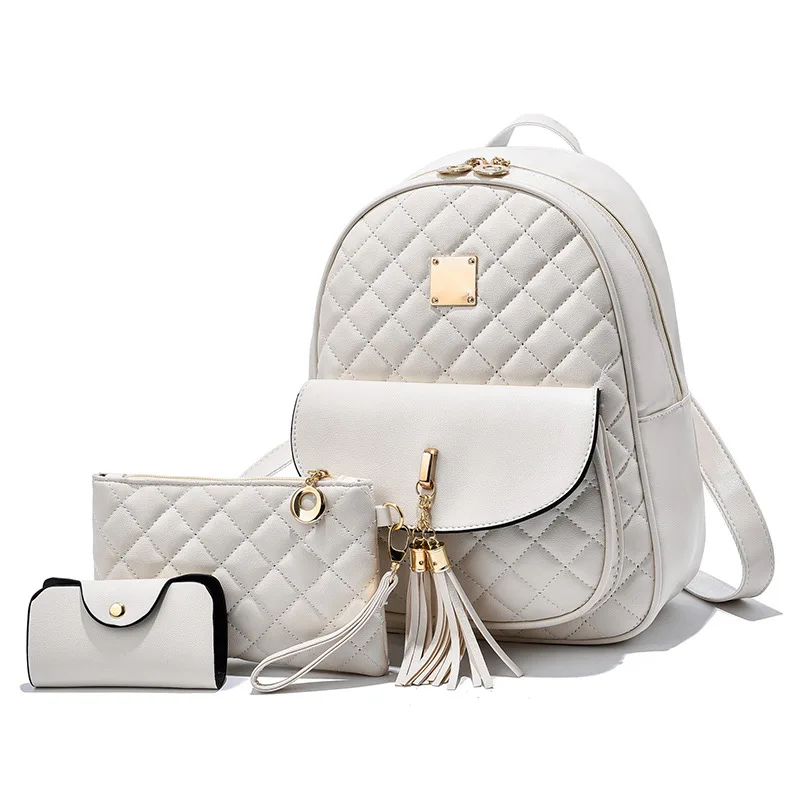 3pcs Argyle Quilted Backpack, Fashion Mini Daypack With Wristlet Clutch Bag And Credit Card Holder