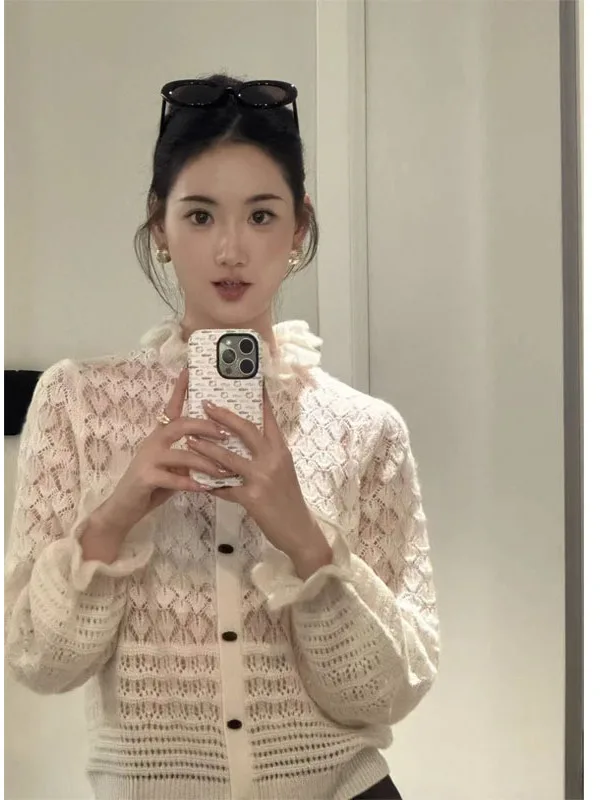 

Sweet Gentle Women's Knitted Sweater Thin Wool Hollow Long Sve Spring Autumn Top Korean Sle Loose Fit Daily Wear