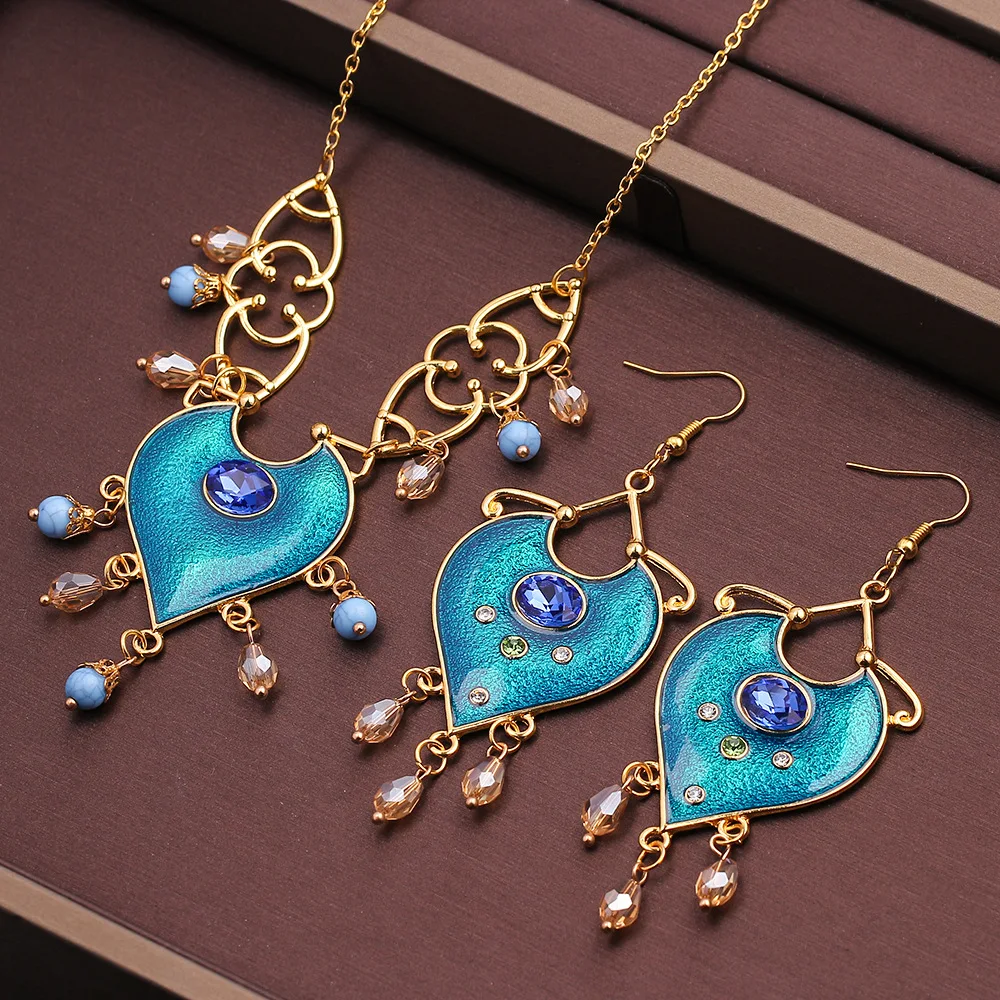 Anime Jasmine Princess Earring Necklace Cosplay Fashion Jewelry Pendant Alloy Ear Hook Dangler Eardrop Accessories Xmas Props