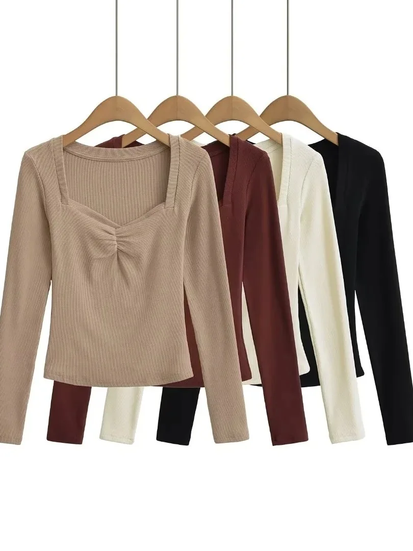 2024 Autumn/winter French Style Square Neck Long Sleeve Pullover Women Pleated Cinching Waist Solid Slim Casual Knit Top H0T2