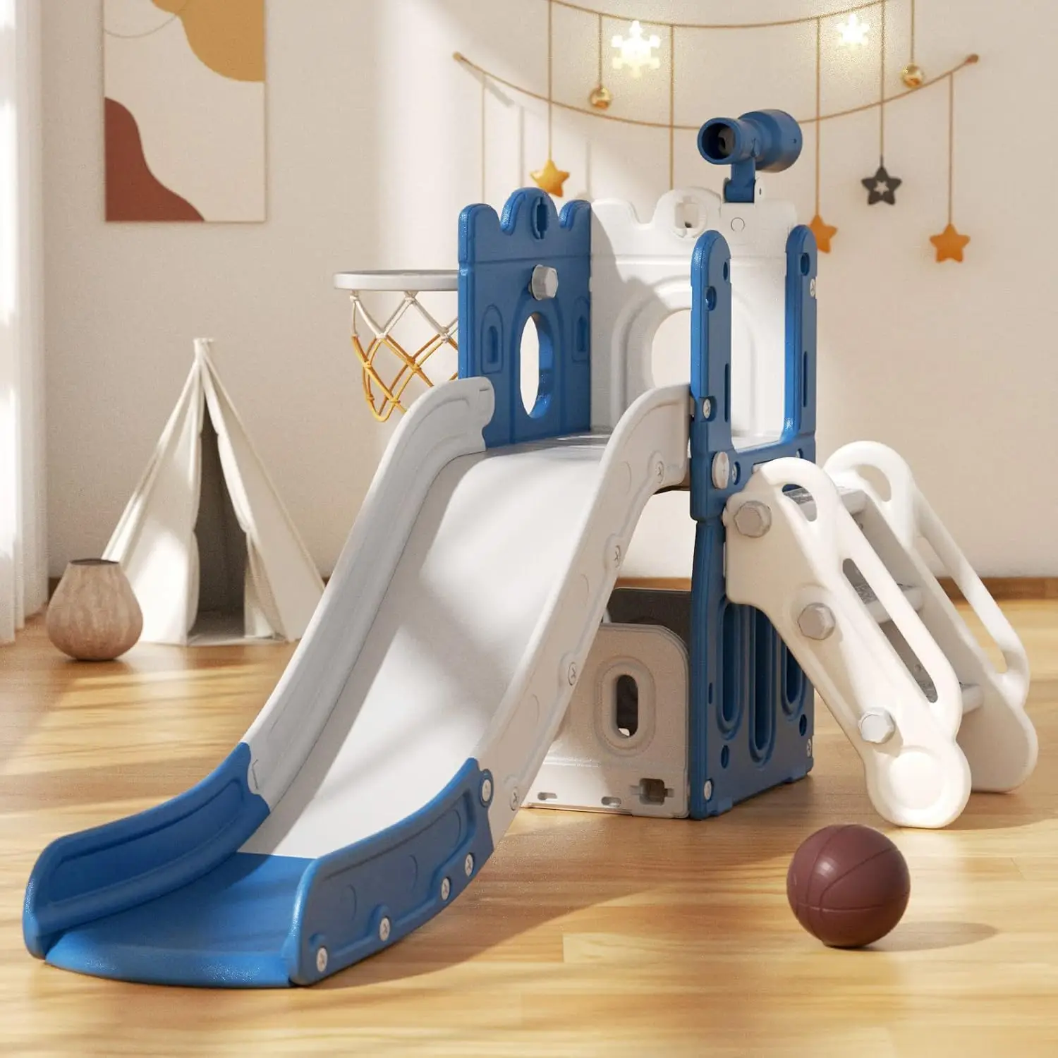 5 in 1 Toddler Slide, Kids Climber Slide with Basketball Hoop and Ball, Indoor Outdoor Playset for Toddlers Age 1-3