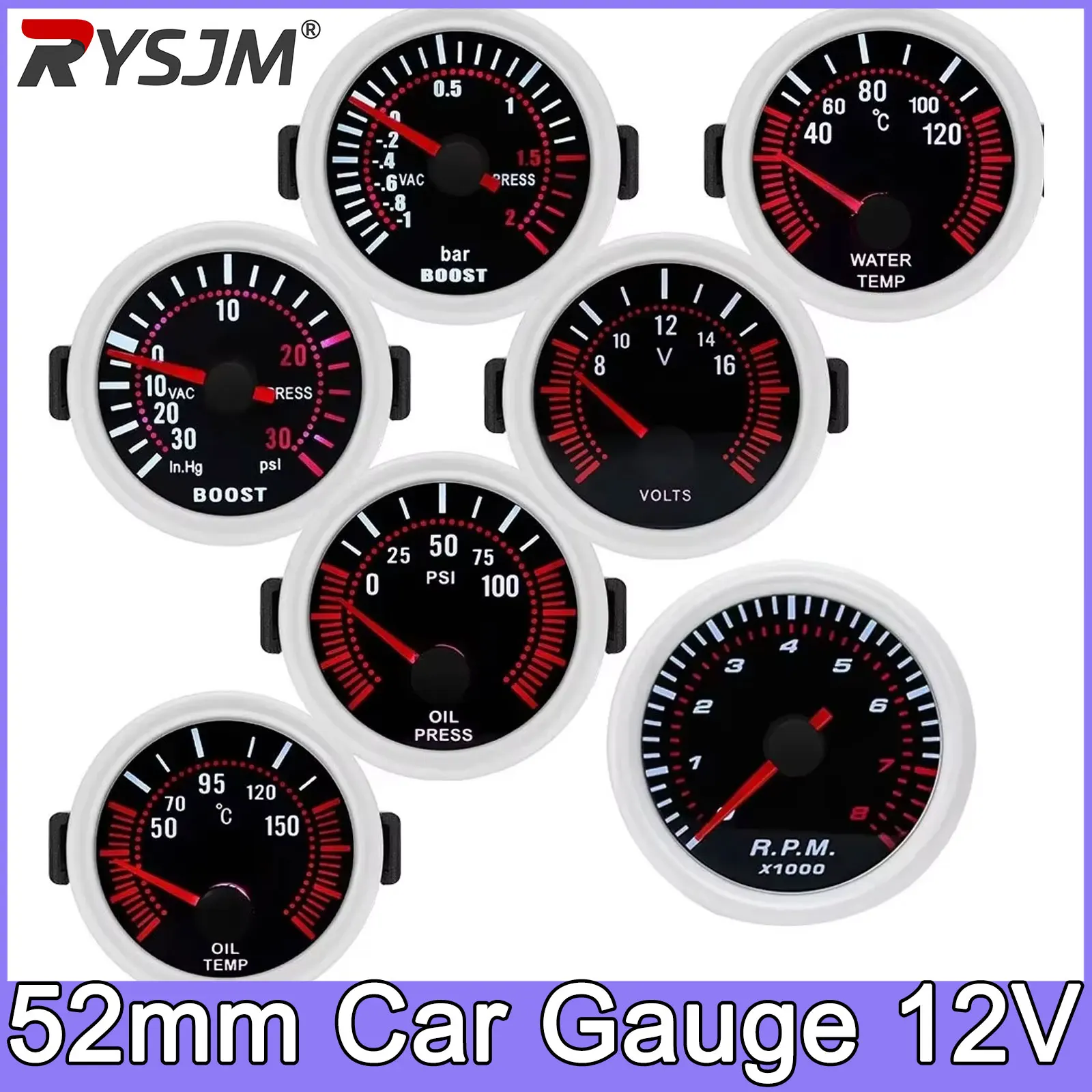 Tacômetro para Carro 12V 52mm Universal com Lente Fumê, Medidor de RPM, Turbo Boost 2 Bar PSI, Medidor de Temperatura da Água e Medidor de Pressão do Óleo