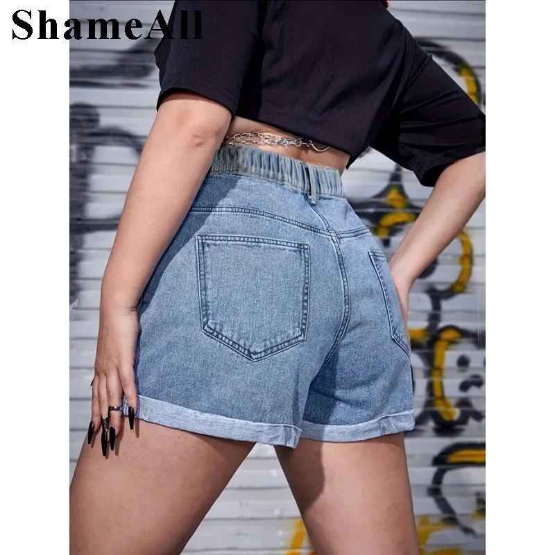 Plus Size Boyfriend Roll Up Light Blue Short Jeans 4XL Women Raw Hem High Waist Gray Denims Hot Pants Cuffed Jean Shorts