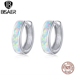 BISAER 100% 925 Sterling Silver Round Ear Clip Circle Hoop Earrings Opal Plated platinum For Women Wedding Luxury Jewelry Gift