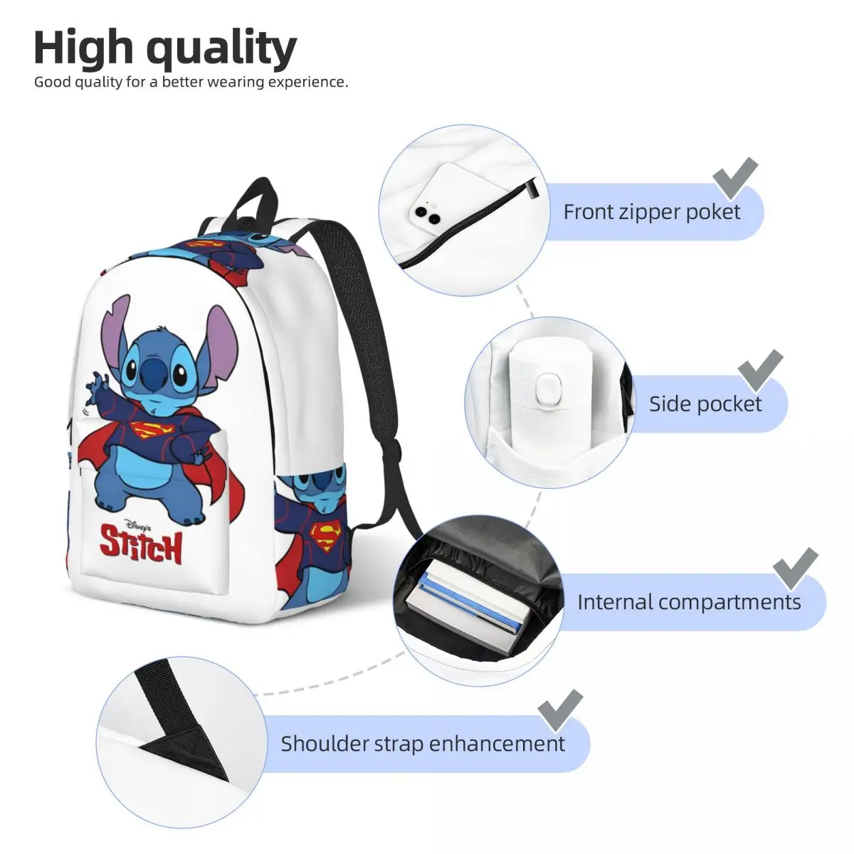 Mochila de Superman Stitch, mochila de viaje para estudiantes de escuela primaria y secundaria, bonita mochila de dibujos animados para adolescentes