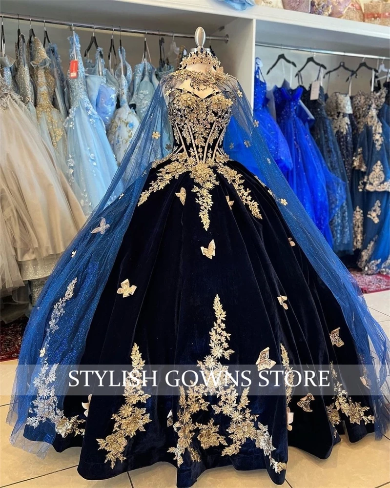 Vestido de quinceañera azul marino para niña, traje de quinceañera con apliques de cuentas, dulce 16, vestidos de fiesta de cumpleaños con capa