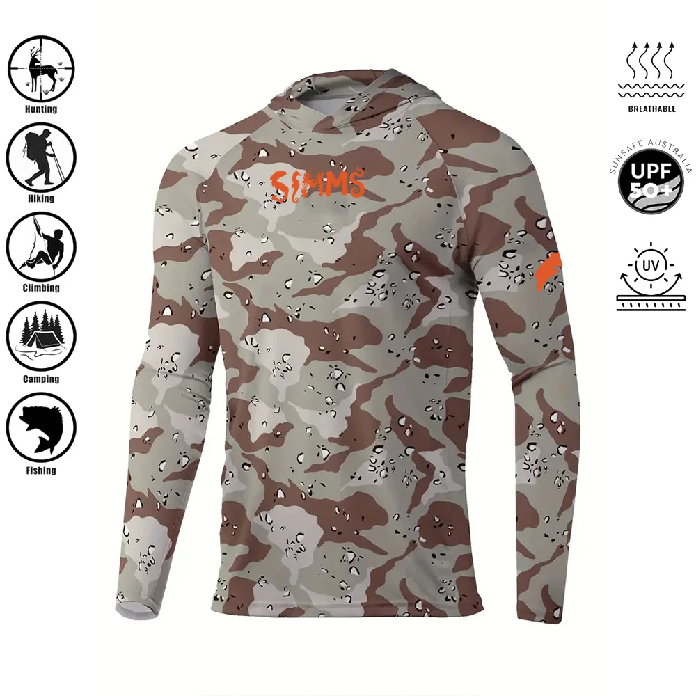 Men's camouflage printed hooded fishing shirt UPF50+long sleeved UV resistant top, summer sports sun protection clothing